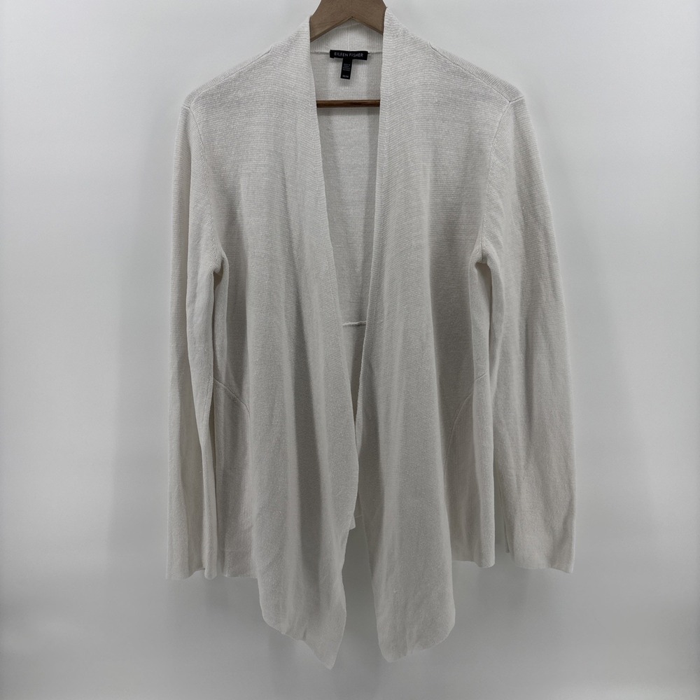 Eileen Fisher Cardigan Women's Medium White 100% Organic Linen Lagenlook Beach
